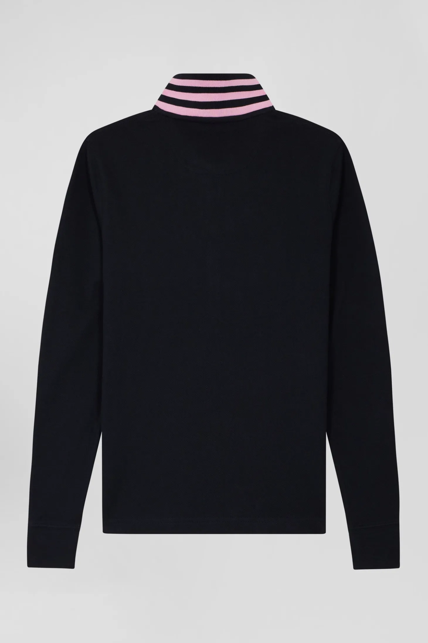 Slim navy blue long-sleeved stretch cotton polo shirt with striped collar