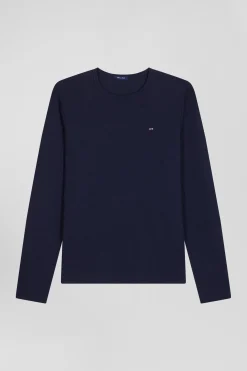 Slim navy blue long-sleeved cotton T-shirt