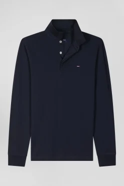 Slim navy blue long-sleeved cotton piqué polo shirt