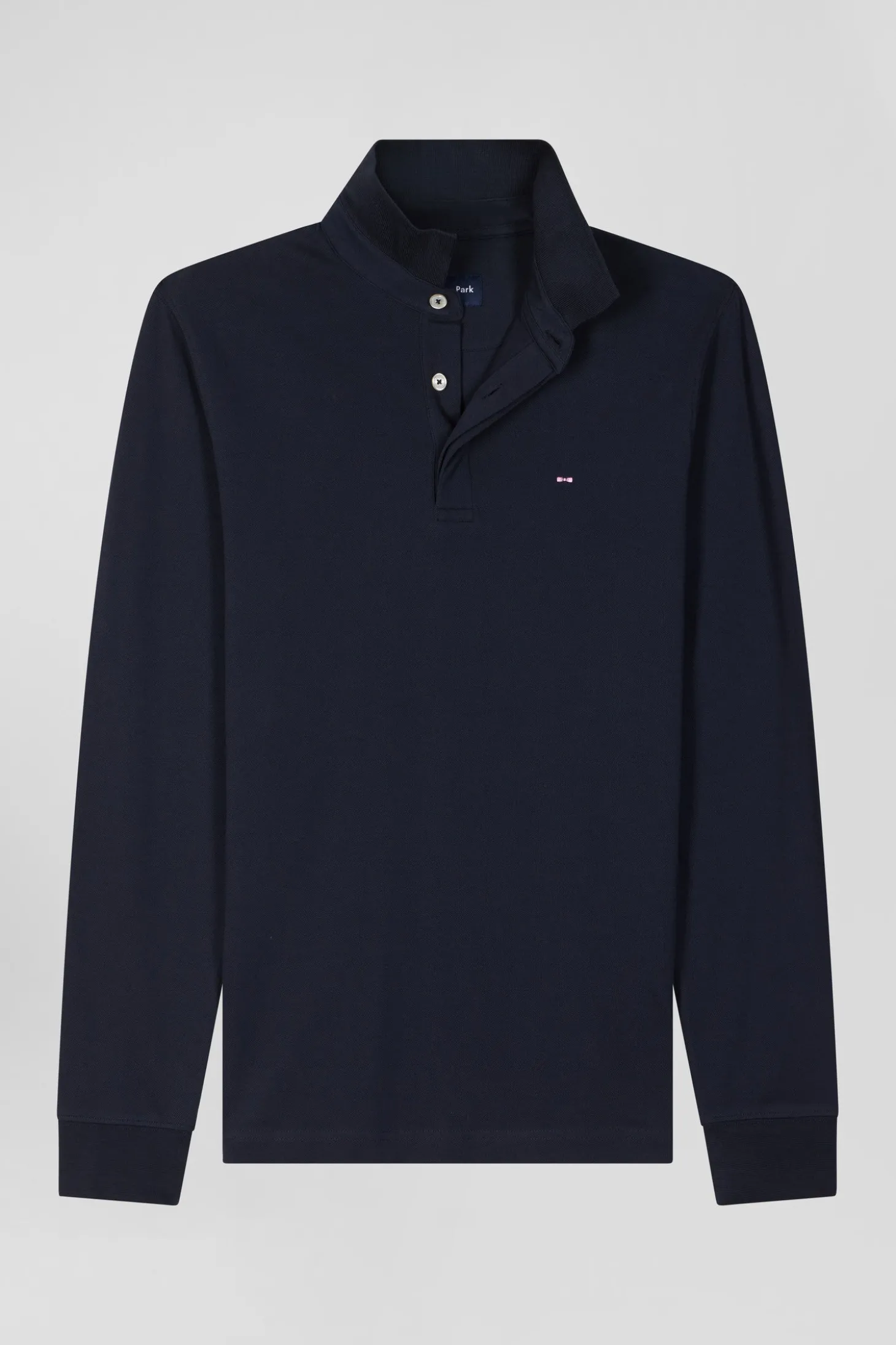 Slim navy blue long-sleeved cotton piqué polo shirt