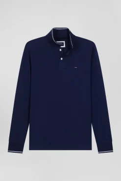 Slim navy blue long-sleeved stretch cotton polo shirt with striped finishes