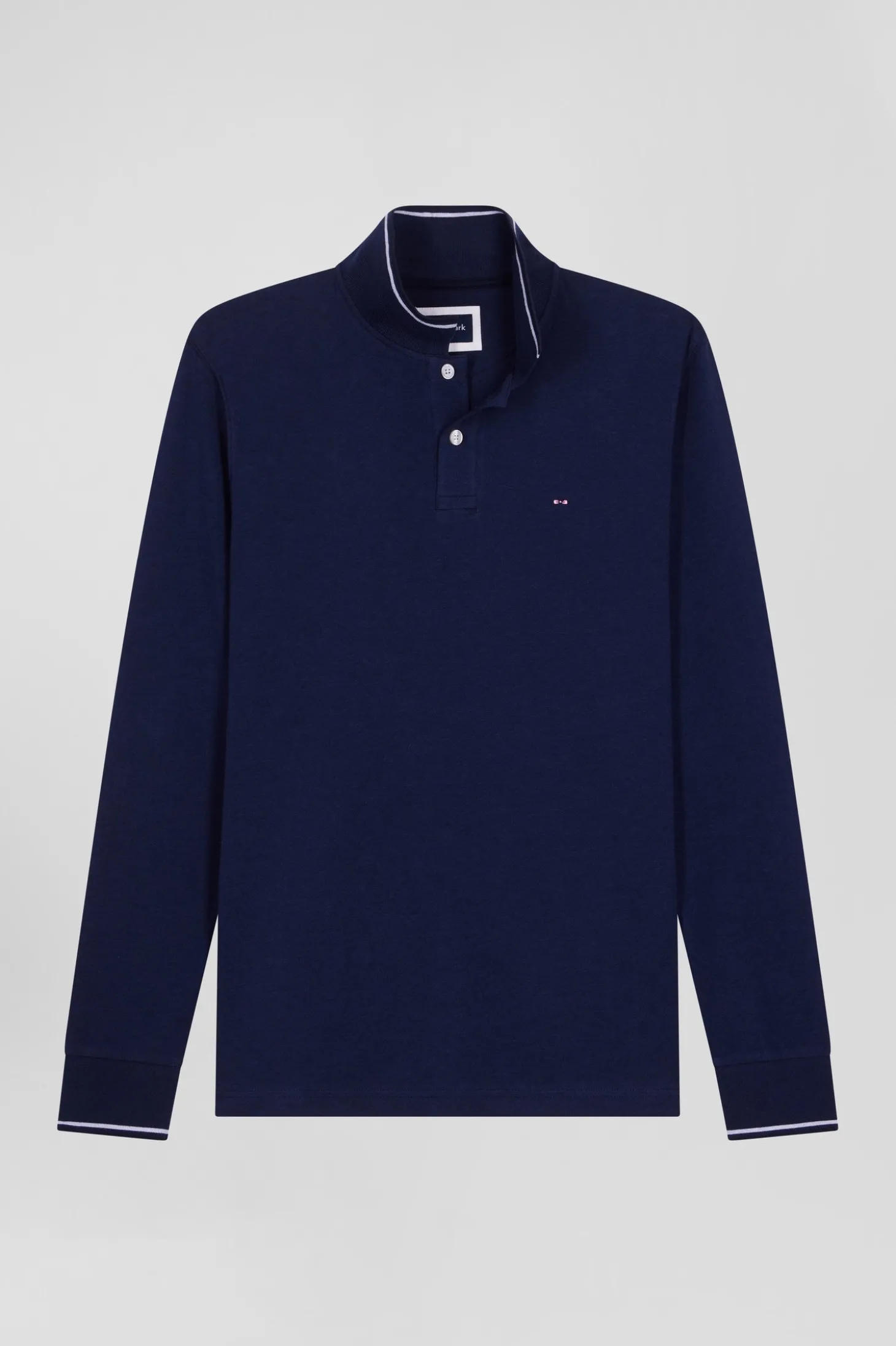 Slim navy blue long-sleeved stretch cotton polo shirt with striped finishes