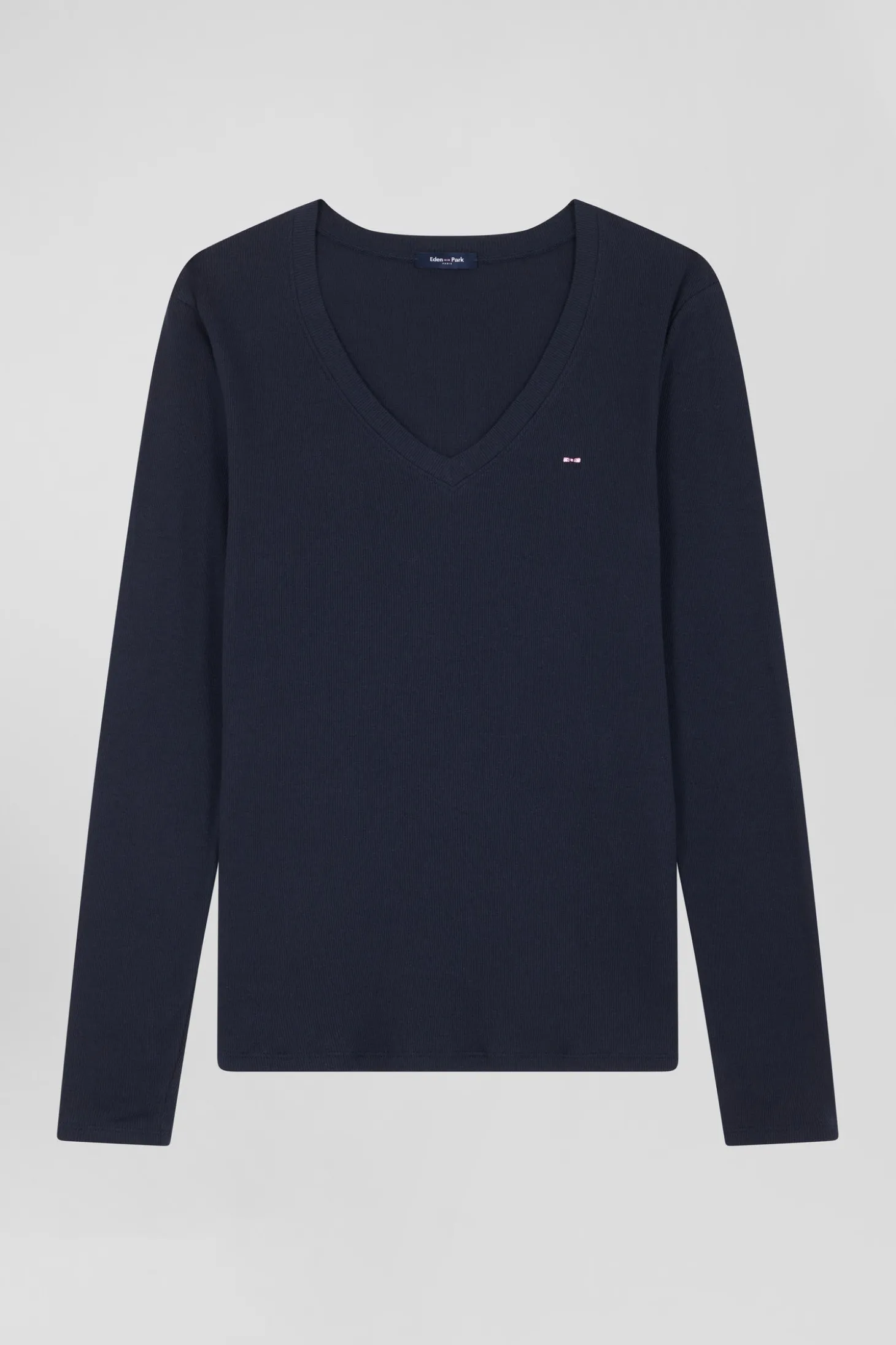 Slim navy blue long-sleeved V-neck cotton T-shirt
