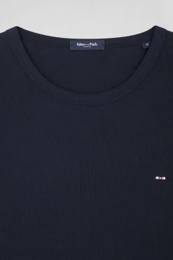 Slim navy blue long-sleeved round neck cotton T-shirt