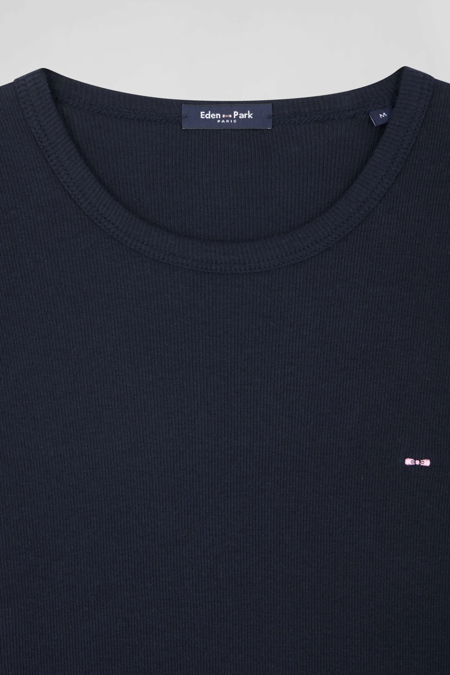 Slim navy blue long-sleeved round neck cotton T-shirt
