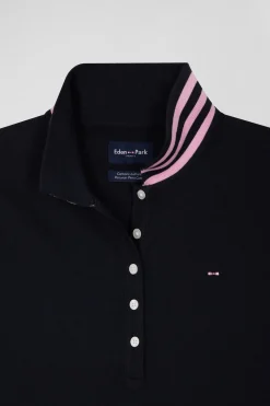 Slim navy blue long-sleeved stretch cotton polo shirt with striped collar