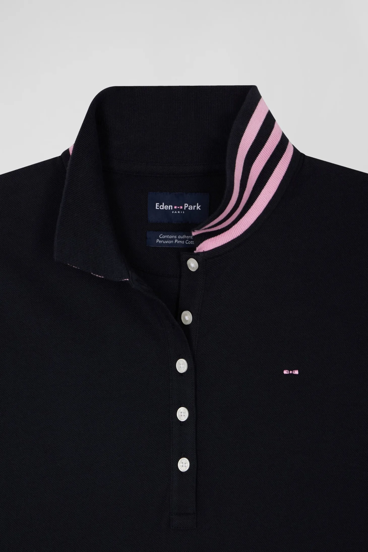 Slim navy blue long-sleeved stretch cotton polo shirt with striped collar