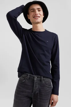 Slim navy blue long-sleeved cotton T-shirt