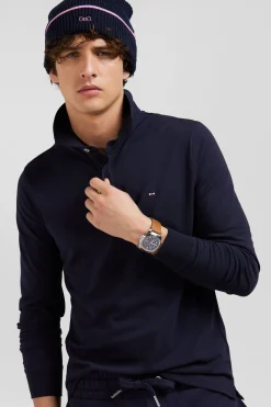 Slim navy blue long-sleeved cotton piqué polo shirt