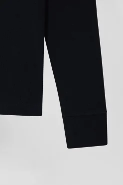 Slim navy blue long-sleeved stretch cotton polo shirt with striped collar