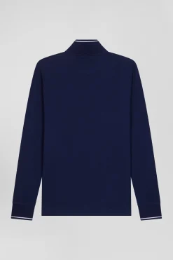 Slim navy blue long-sleeved stretch cotton polo shirt with striped finishes