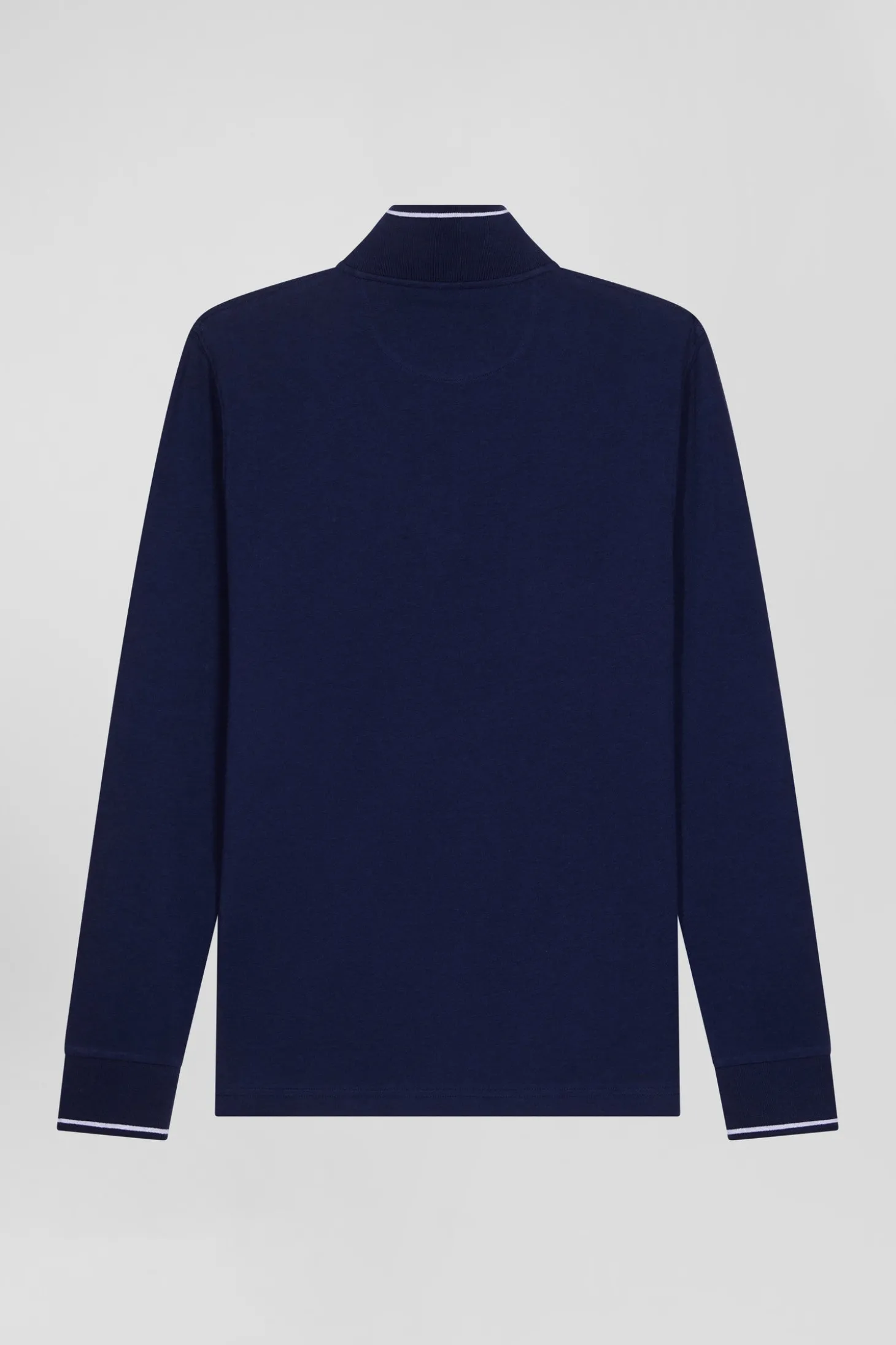 Slim navy blue long-sleeved stretch cotton polo shirt with striped finishes