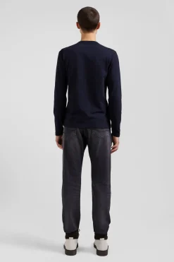 Slim navy blue long-sleeved cotton T-shirt