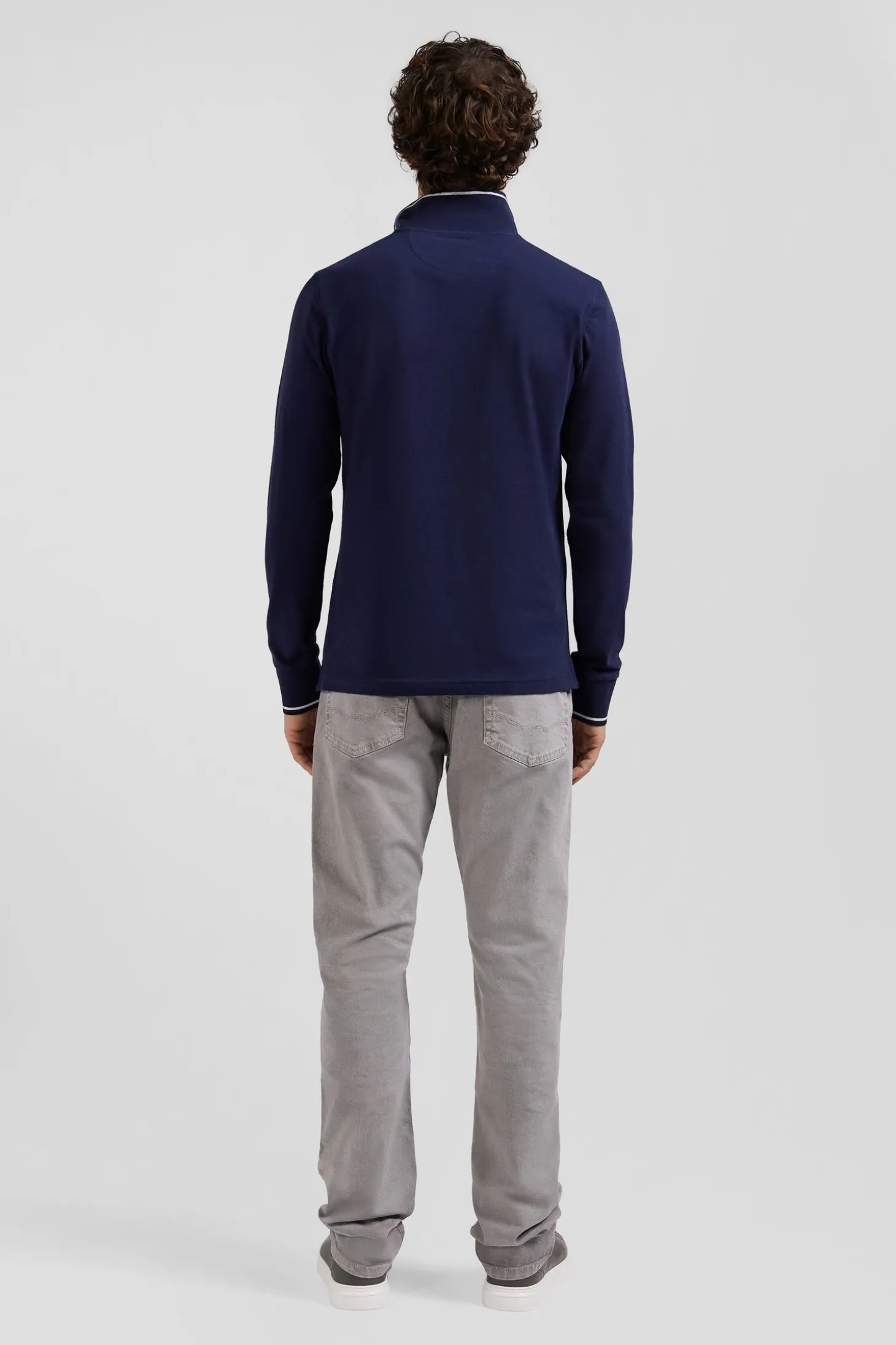 Slim navy blue long-sleeved stretch cotton polo shirt with striped finishes