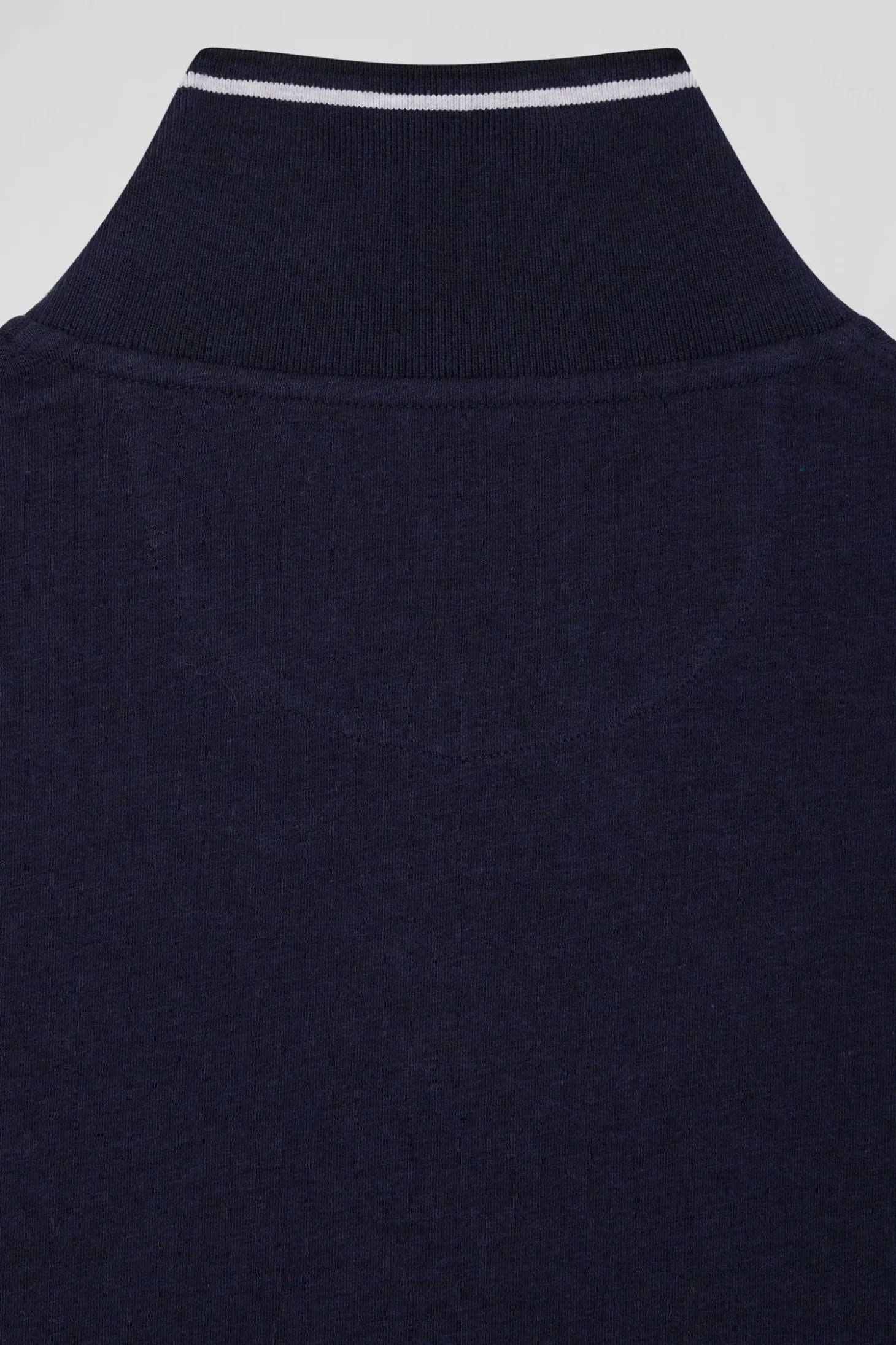 Slim navy blue long-sleeved stretch cotton polo shirt with striped finishes