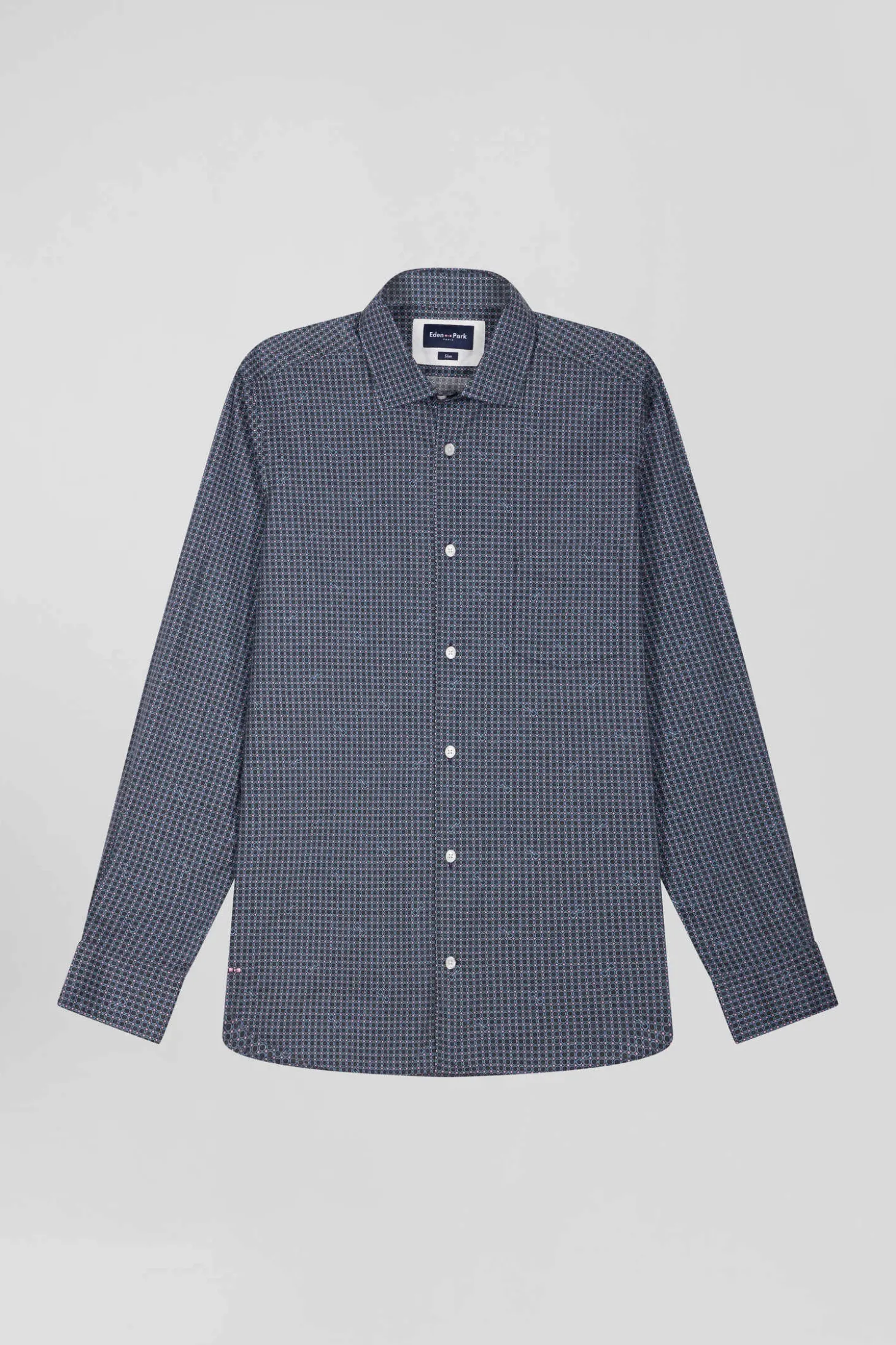 Slim navy blue micro checked cotton shirt