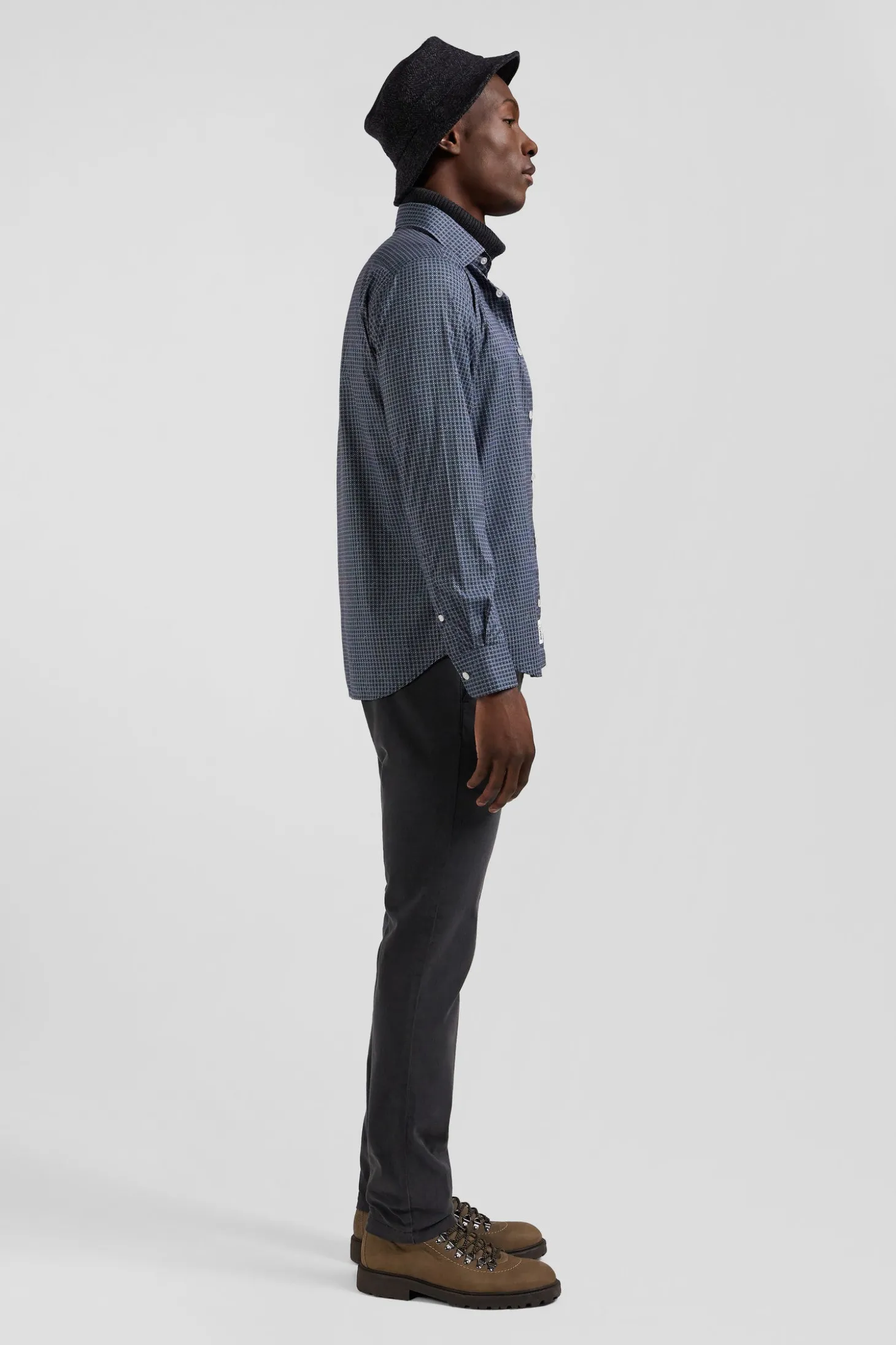 Slim navy blue micro checked cotton shirt