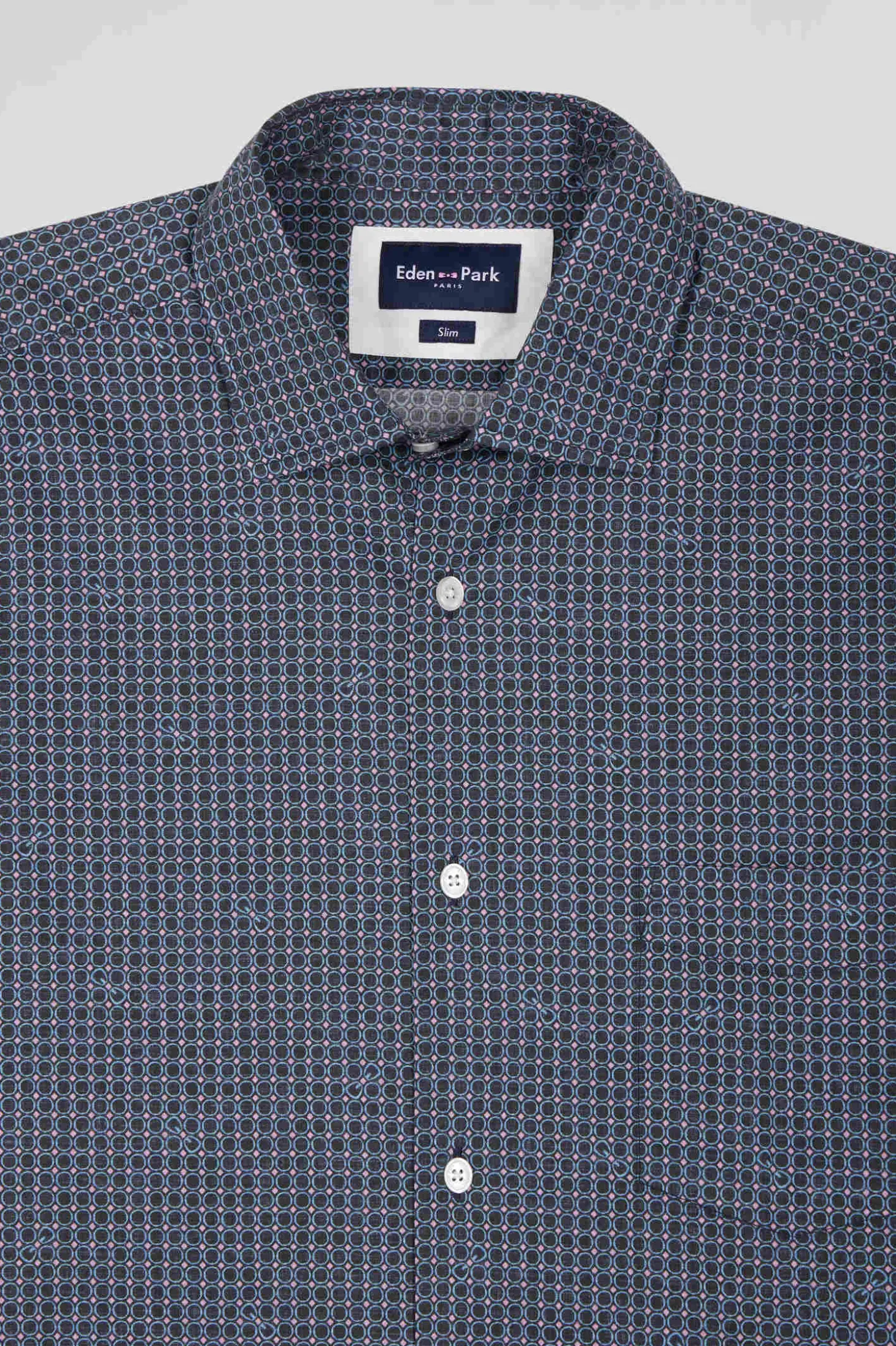 Slim navy blue micro checked cotton shirt