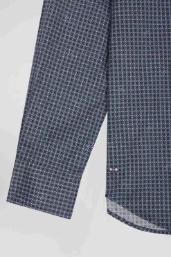 Slim navy blue micro checked cotton shirt