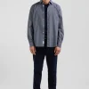 Slim navy blue microprint cotton shirt