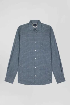 Slim navy blue microprint cotton shirt