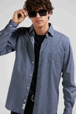 Slim navy blue microprint cotton shirt