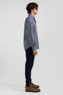 Slim navy blue microprint cotton shirt
