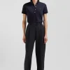 Slim navy blue plain stretch cotton short-sleeved polo shirt