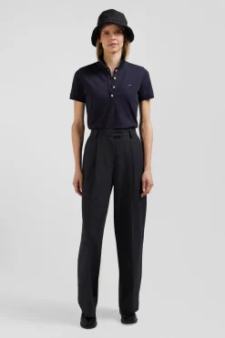 Slim navy blue plain stretch cotton short-sleeved polo shirt