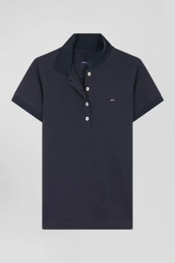 Slim navy blue plain stretch cotton short-sleeved polo shirt