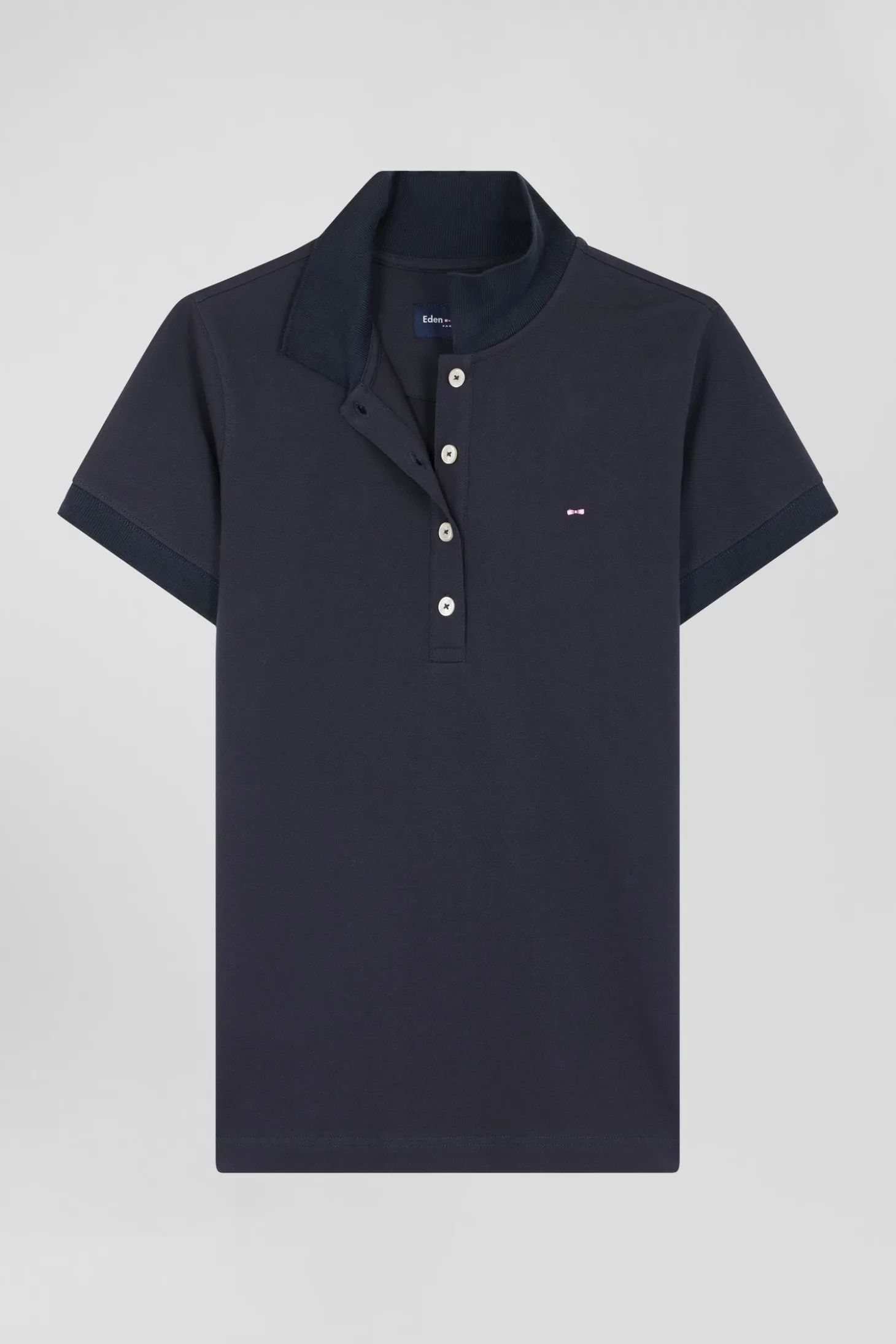 Slim navy blue plain stretch cotton short-sleeved polo shirt