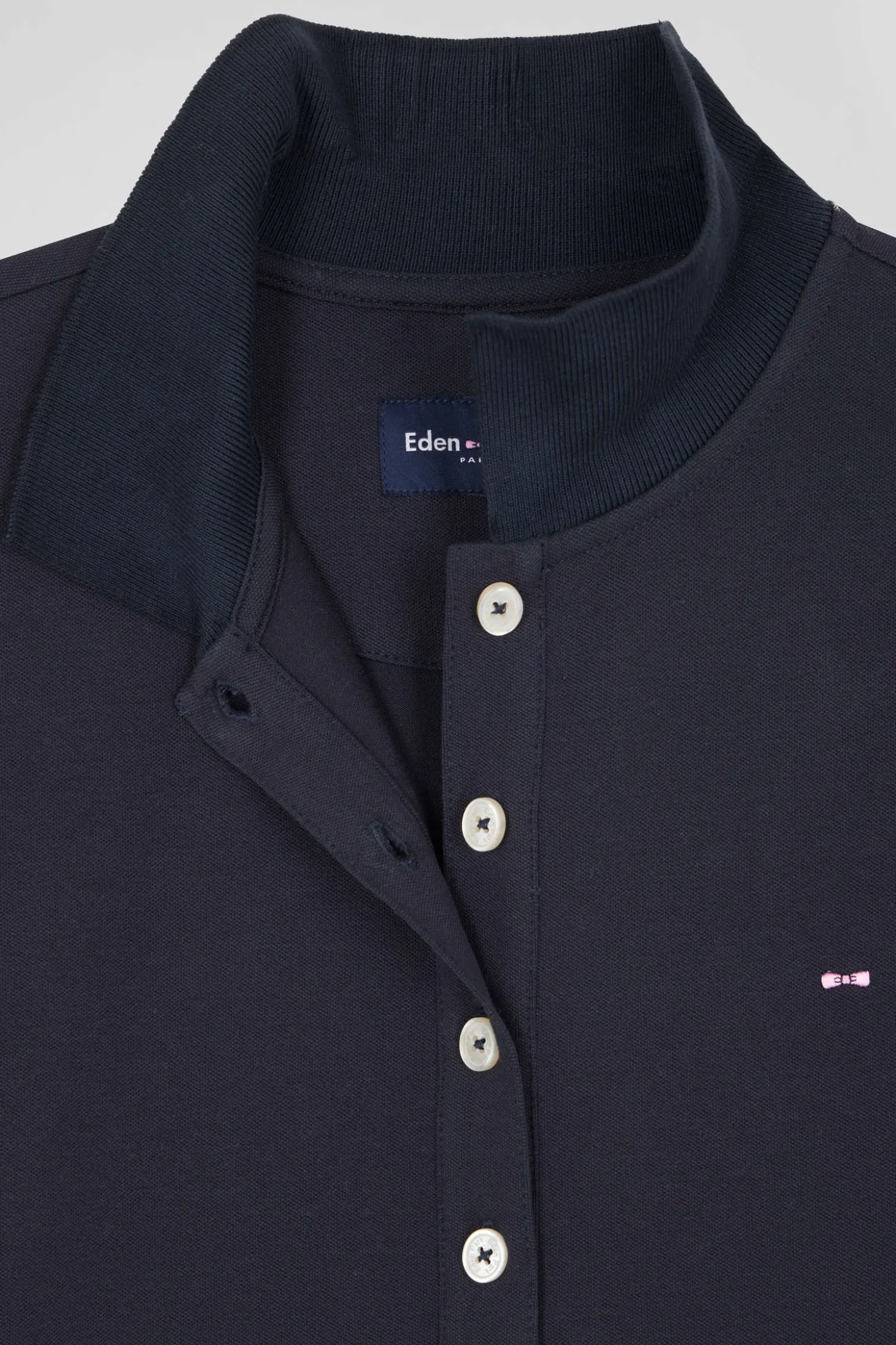 Slim navy blue plain stretch cotton short-sleeved polo shirt