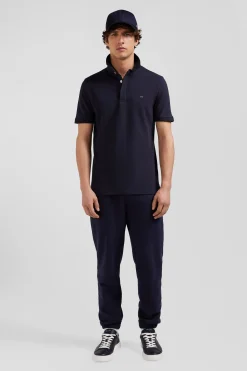 Slim navy blue short-sleeved cotton piqué polo shirt