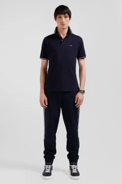 Slim navy blue short-sleeved stretch cotton polo shirt with Eden Park jacquard collar