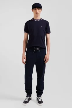Slim navy blue short-sleeved cotton T-shirt with Eden Park ribs
