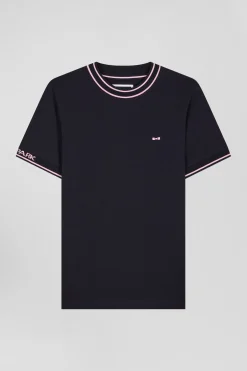 Slim navy blue short-sleeved cotton T-shirt with Eden Park ribs