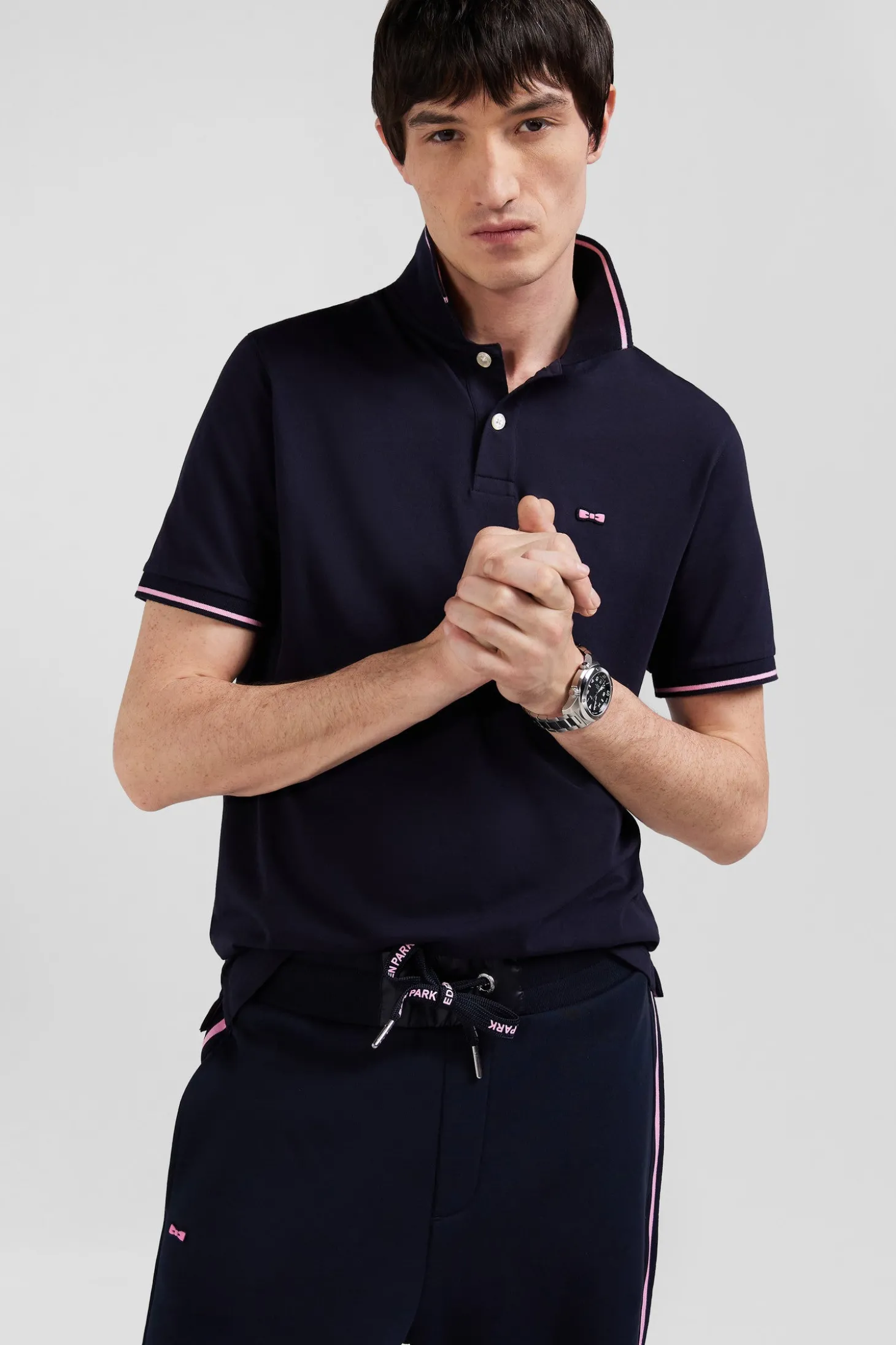 Slim navy blue short-sleeved stretch cotton polo shirt with Eden Park jacquard collar