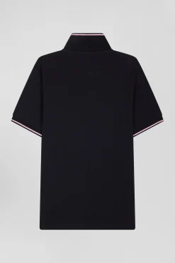 Slim navy blue short-sleeved stretch cotton polo shirt with Eden Park jacquard collar