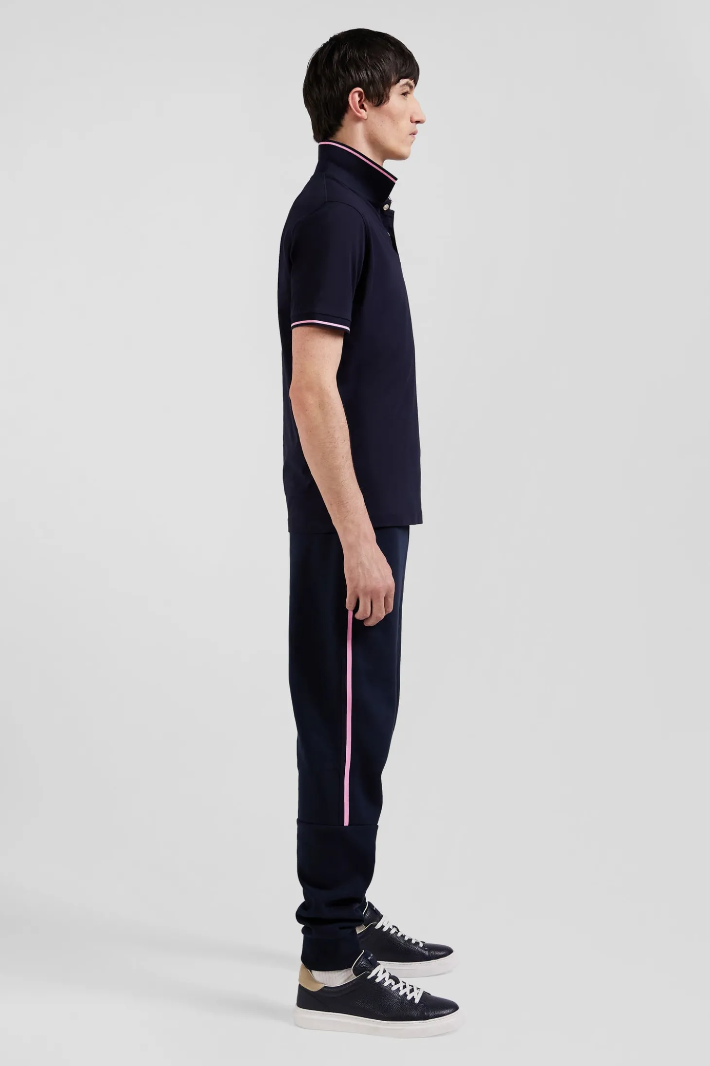 Slim navy blue short-sleeved stretch cotton polo shirt with Eden Park jacquard collar