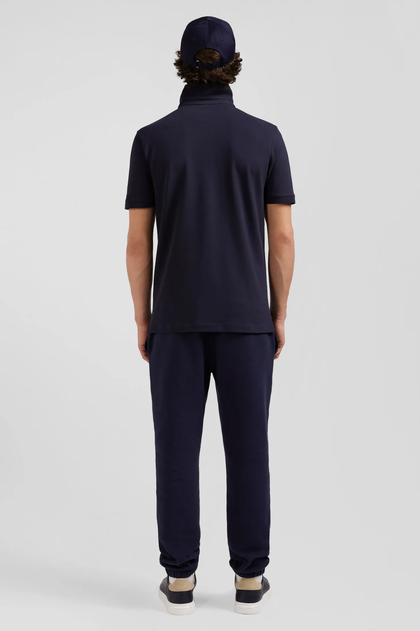 Slim navy blue short-sleeved cotton piqué polo shirt