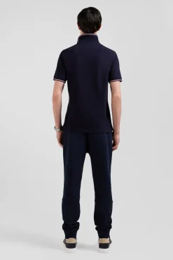 Slim navy blue short-sleeved stretch cotton polo shirt with Eden Park jacquard collar
