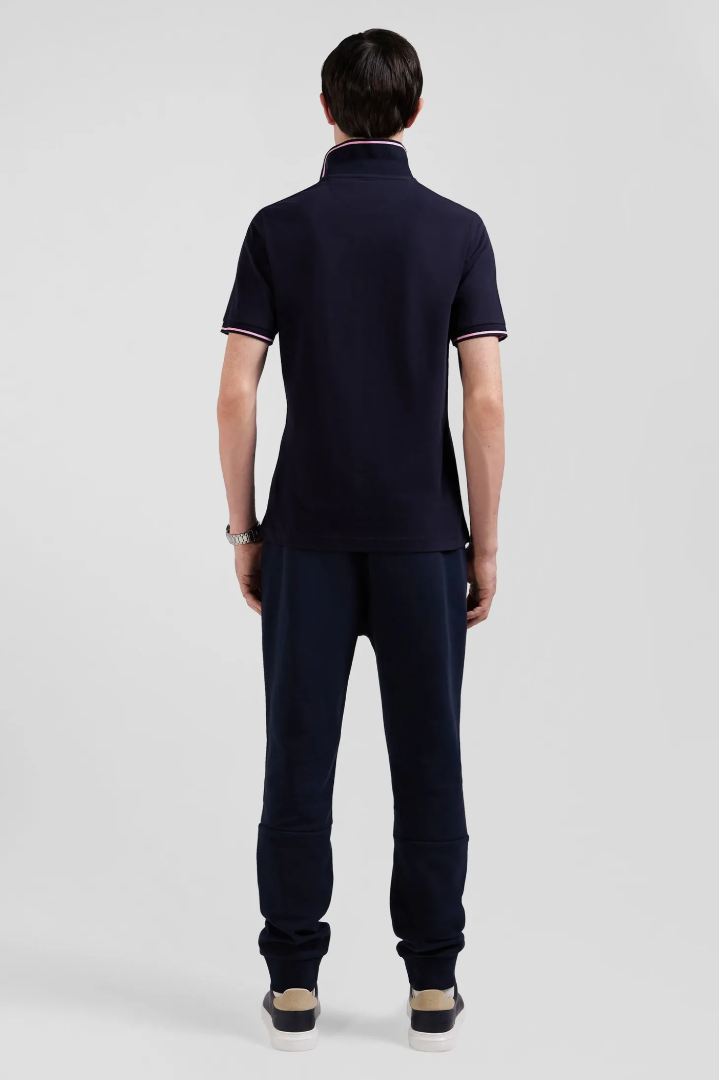 Slim navy blue short-sleeved stretch cotton polo shirt with Eden Park jacquard collar