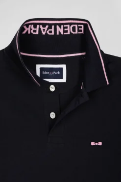 Slim navy blue short-sleeved stretch cotton polo shirt with Eden Park jacquard collar