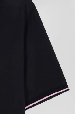 Slim navy blue short-sleeved stretch cotton polo shirt with Eden Park jacquard collar