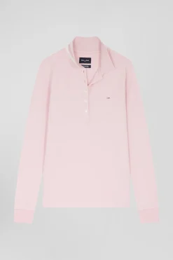 Slim pink long-sleeved stretch cotton polo shirt