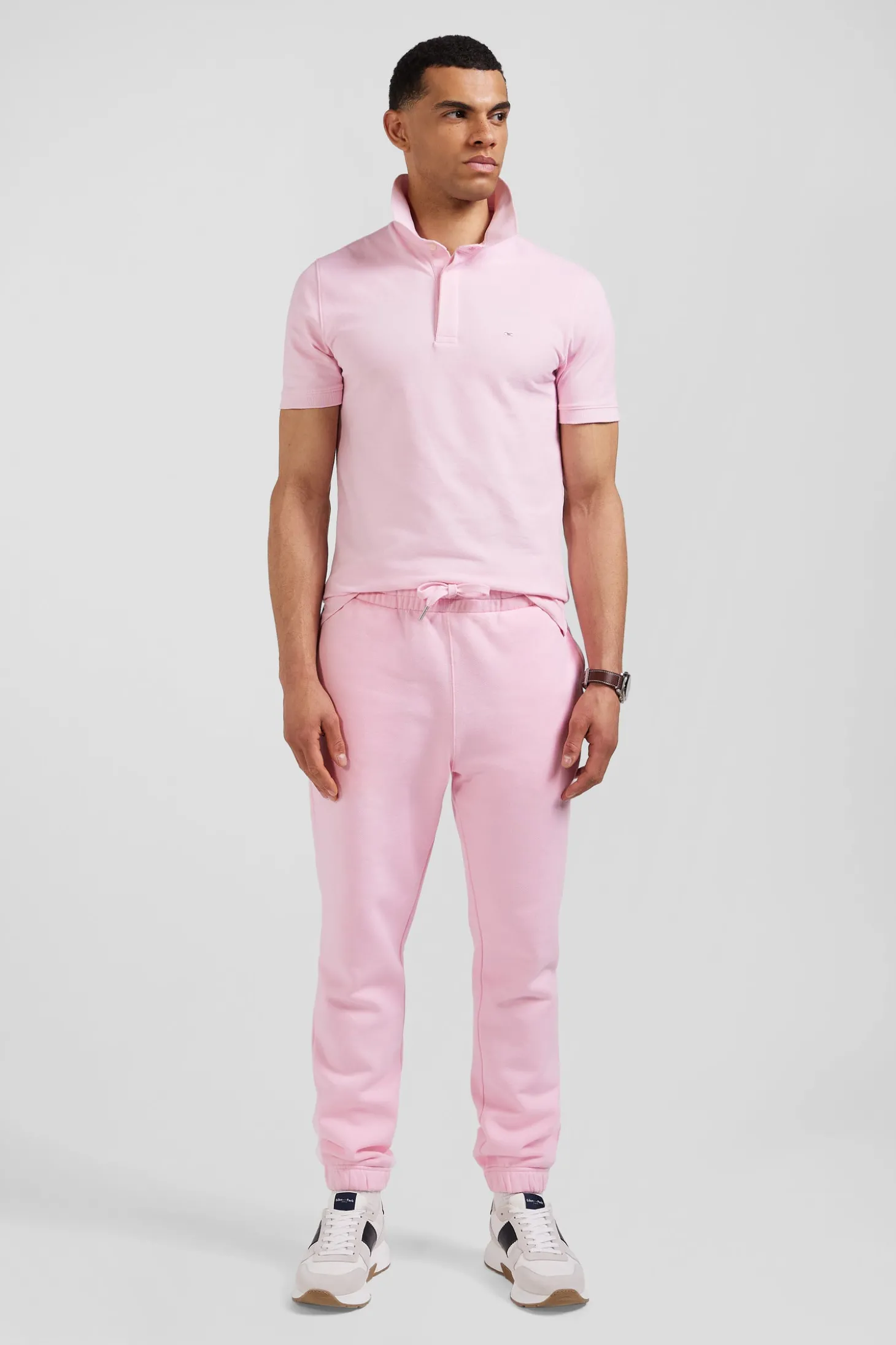 Slim pink short-sleeved stretch cotton polo shirt
