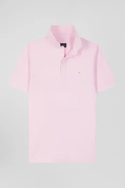 Slim pink short-sleeved stretch cotton polo shirt