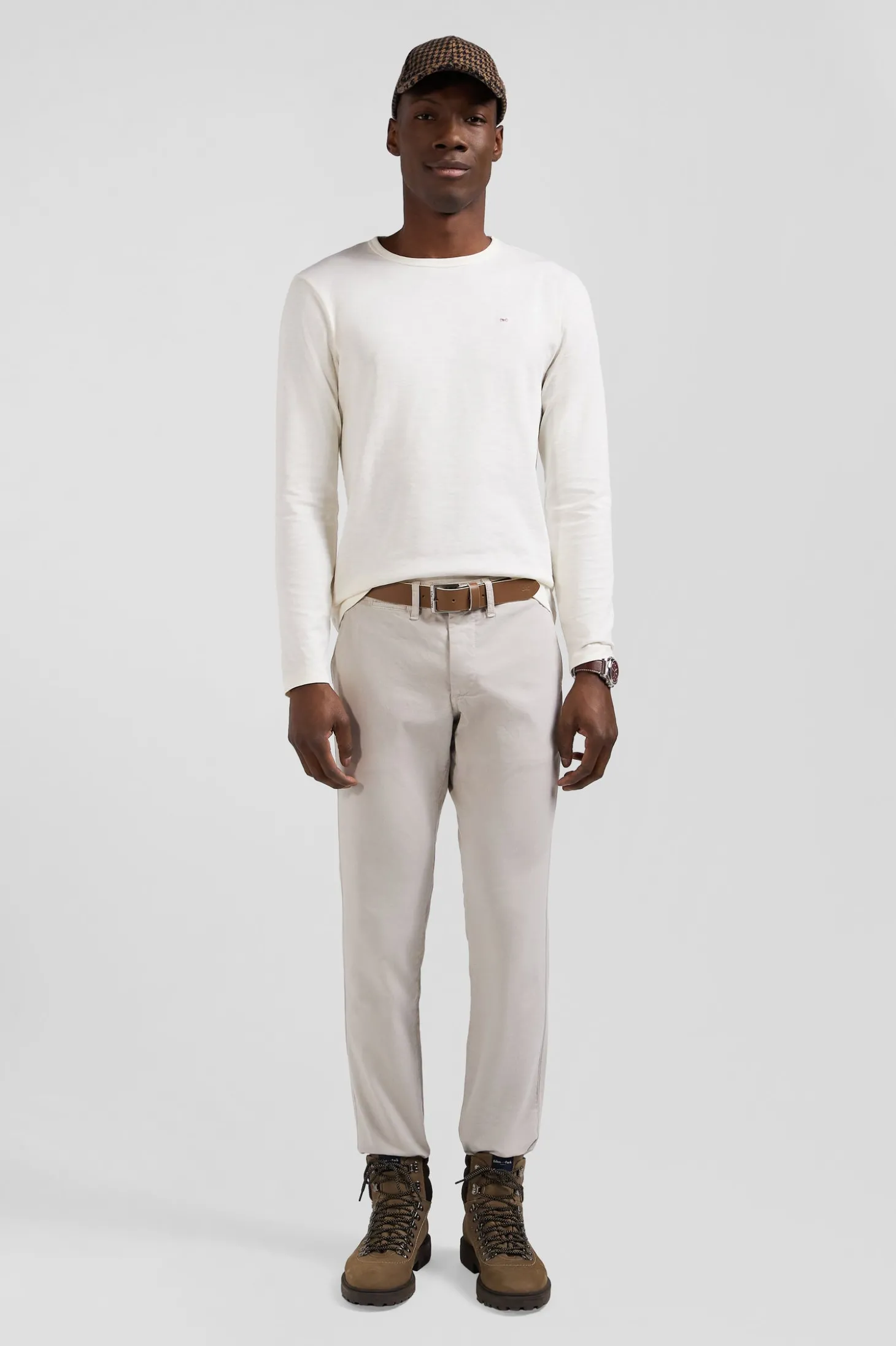 Slim plain beige chino trousers in stretch cotton