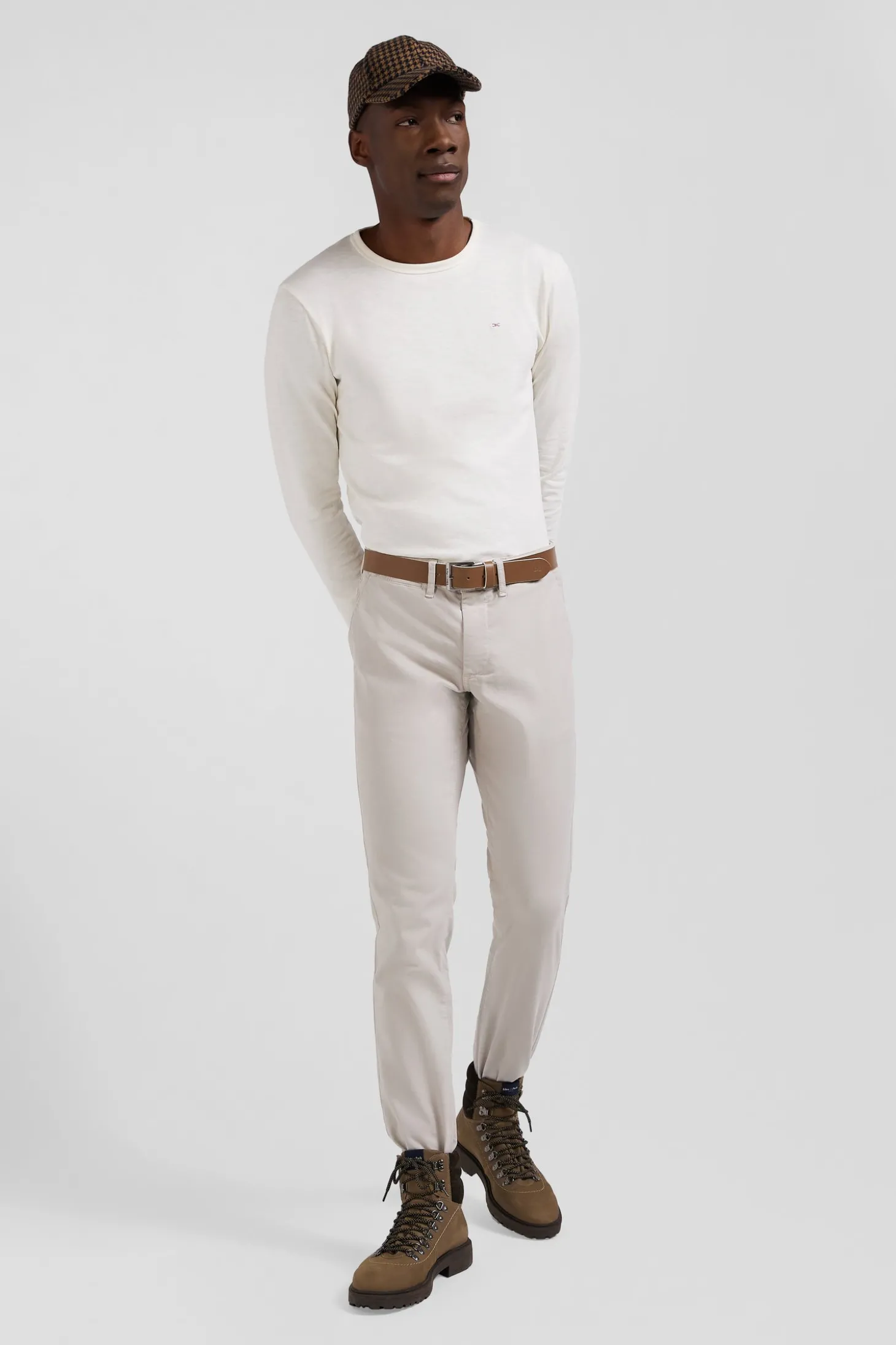 Slim plain beige chino trousers in stretch cotton