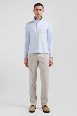 Slim sky blue long-sleeved cotton piqué polo shirt
